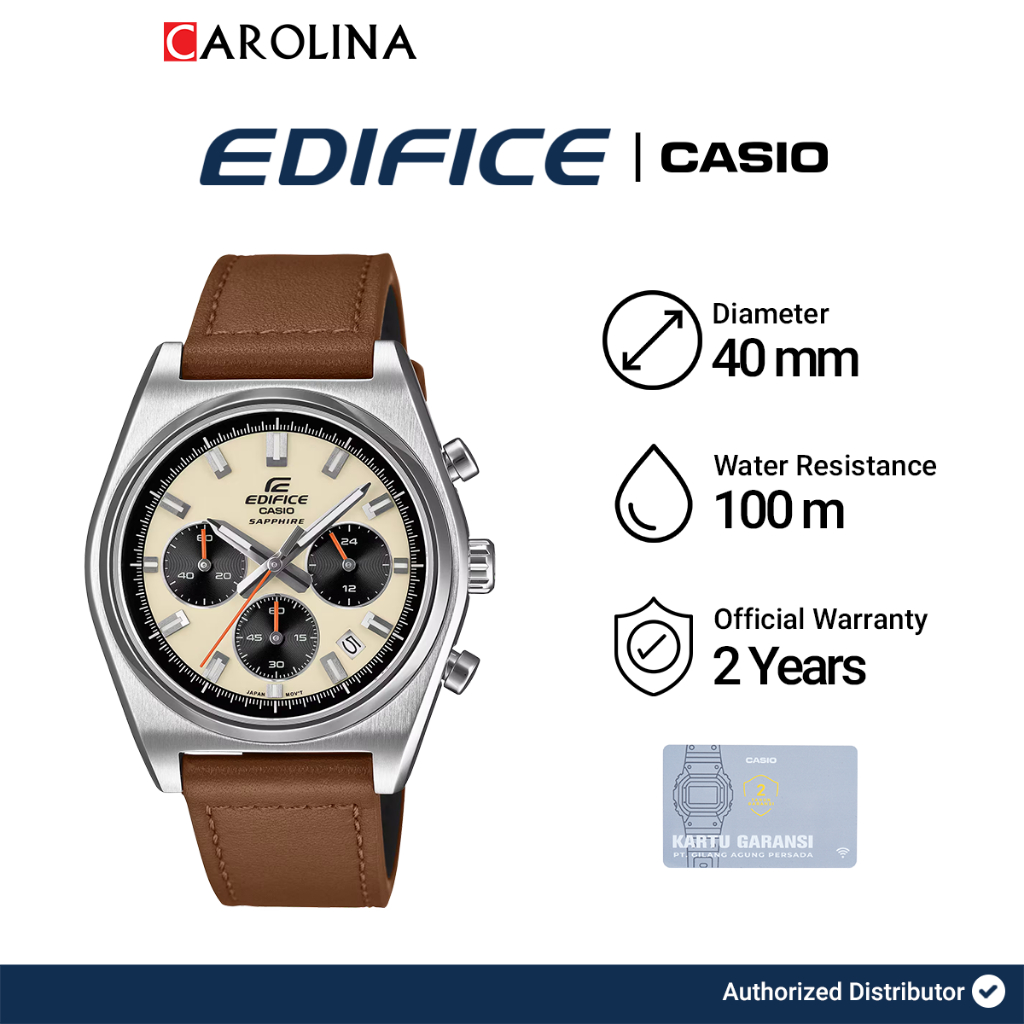 Jam Tangan Pria Casio Edifice EFB-730L-7A Chronograph Beige Dial Brown Leather Strap