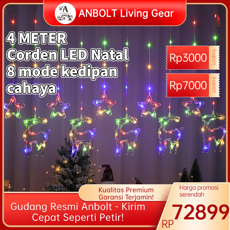 Anbolt Gorden LED Natal 4 Meter Hiasan Bintang Rusa Lonceng String 8 Mode Kedipan Cahaya Hemat Energ