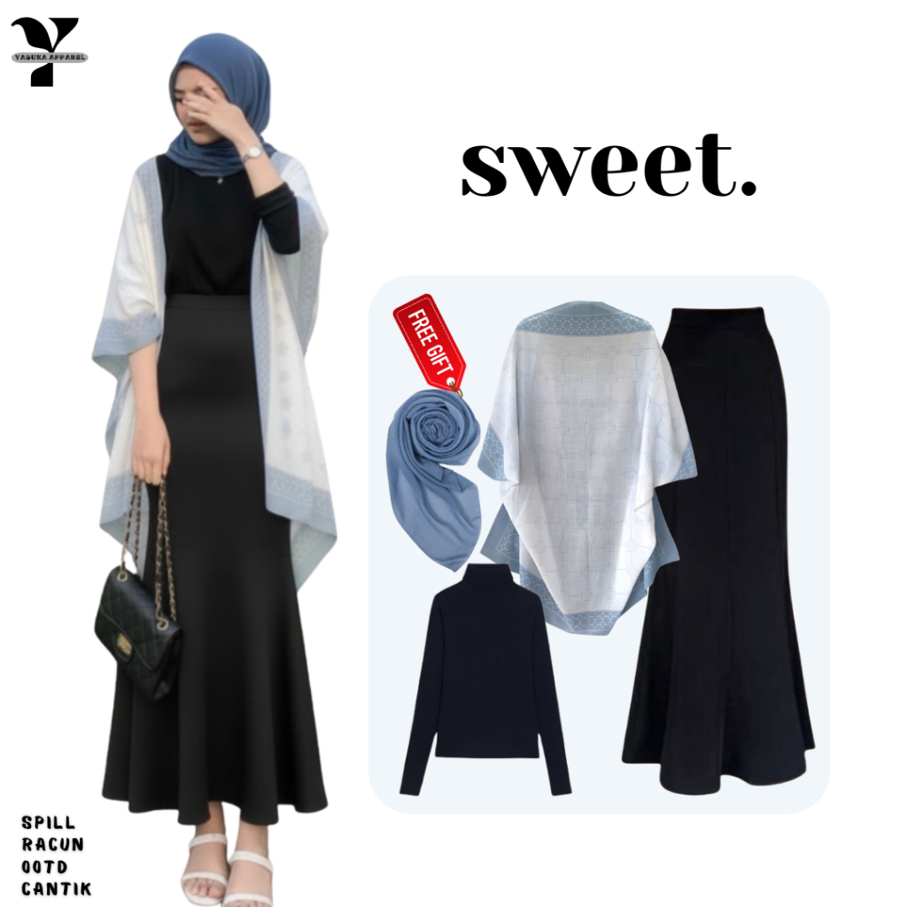 One Set Wanita Outer Scarf, Rok Duyung, Manset FREE Hijab Outfit Bukber, Outfit Kondangan YAP275