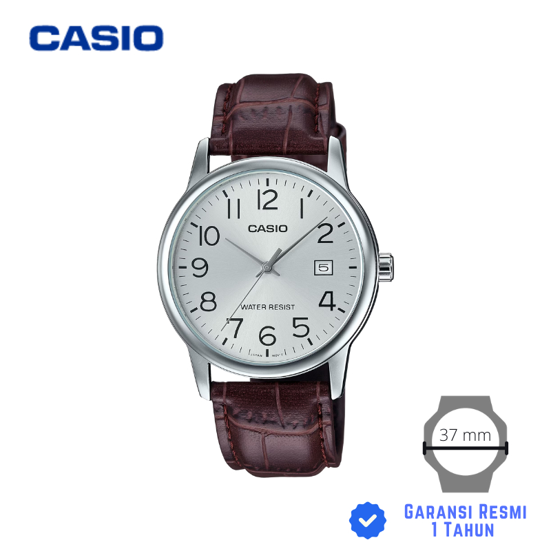 JAM TANGAN PRIA CASIO MTP-V002L-7B2 COKELAT SILVER - MTP V002L 7B2UDF Strap Kulit