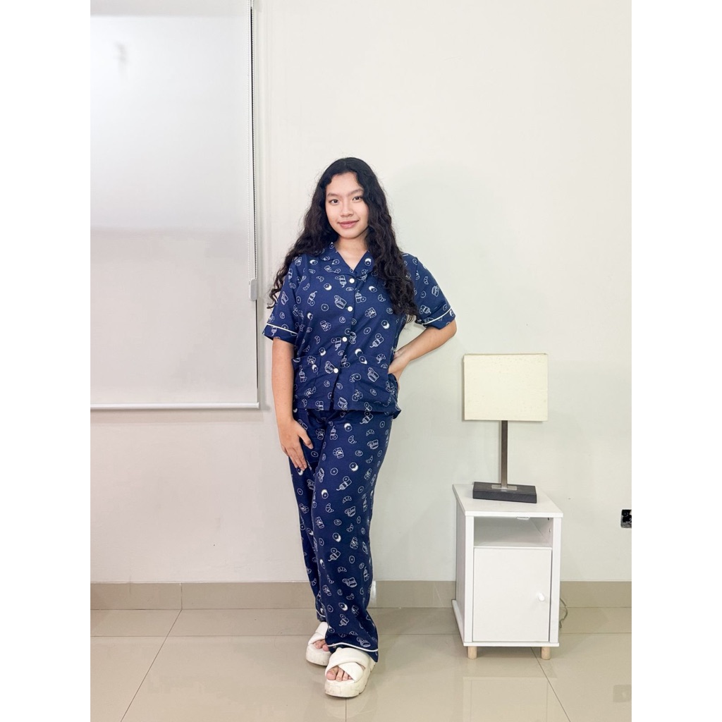 Setelan Piyama Katun Premium Felicia Set Korean Style Lengan Pendek Celana Panjang Baju Tidur Wanita