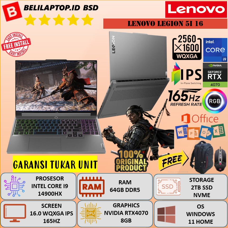 Laptop Lenovo Legion 5i 16 Intel Core i9 14900HX Ram 64GB DDR5 2TB SSD RTX4070 16'' WQXGA IPS 165Hz 