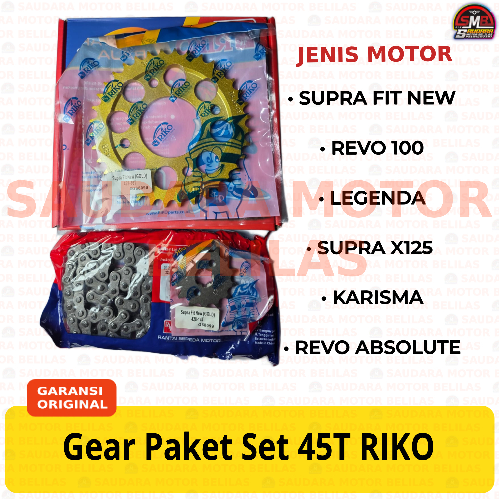 Gear Paket 45T RIKO SUPRA FIT NEW / REVO 100 / LEGENDA / SUPRA X125 / KARISMA / REVO ABSOLUTE Gigi T