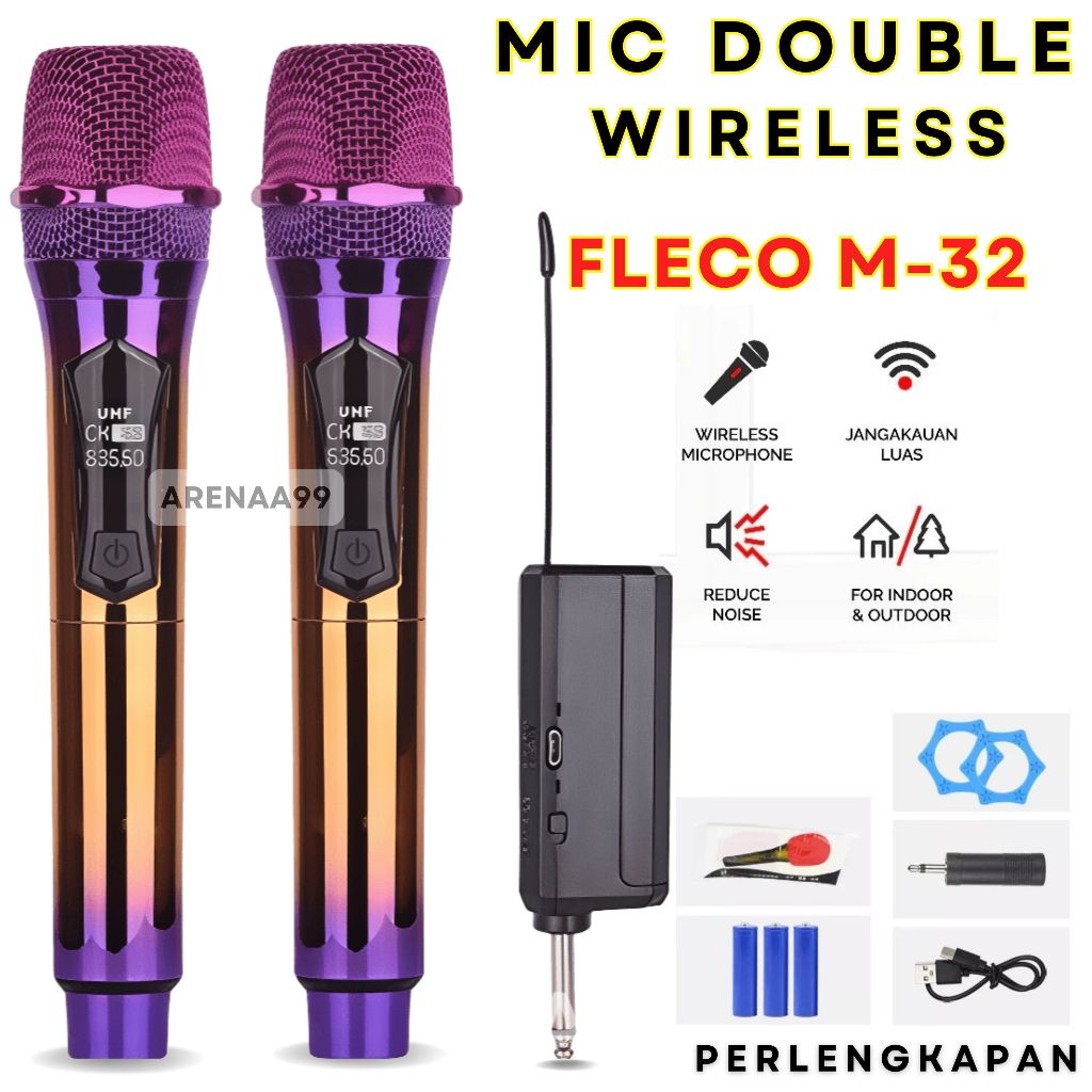 Double Mic Wireless Profesional Microphone mic tanpa kabel Fleco M-32 | Mic Microphone Karaoke Profe