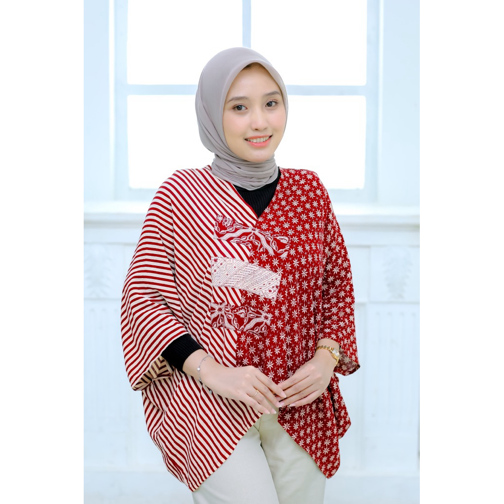 Lowo Batik Wanita Premium – Atasan Batik Kombinasi Merah, Model Kekinian, Bahan Adem Nyaman, Fashion