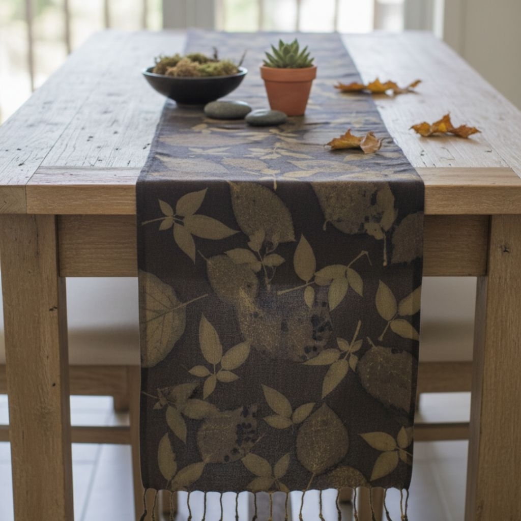 syal table runner taplak meja ecoprint batik warna alam motif cetak daun asli