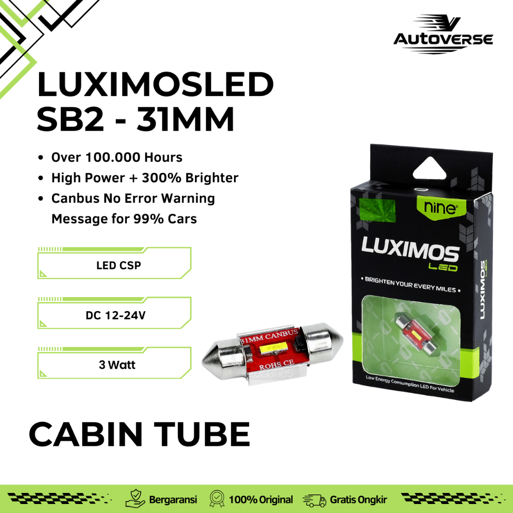 (1PCS) Lampu Kabin Mobil LED Tube 31MM SB2 Cabin Plafon Courtesy Dome CSP NINE LUXIMOS Super Terang