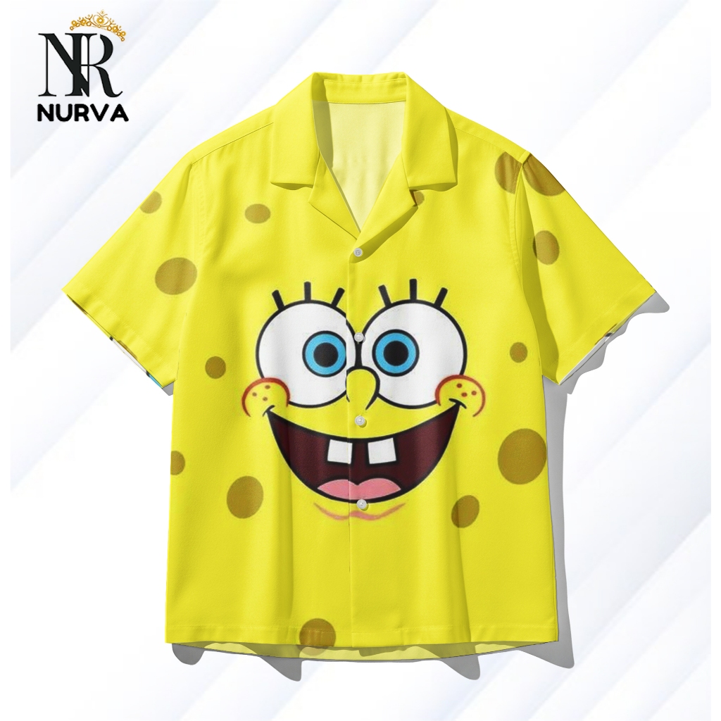 NURVA Kemeja Full Print Pria Wanita Motif Spongebob Squarepants Kartun Kuning – Kemeja Hawai Casual 