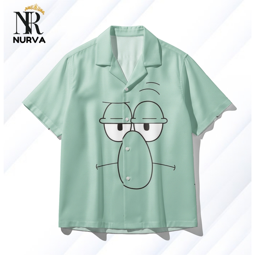 NURVA Kemeja Full Print Pria Wanita Motif Squidward Tentacles Kartun – Kemeja Hawai Casual Pop Cultu