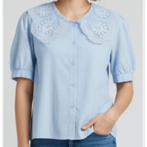 blouse biru import, atasan wanita premium kerah brukat