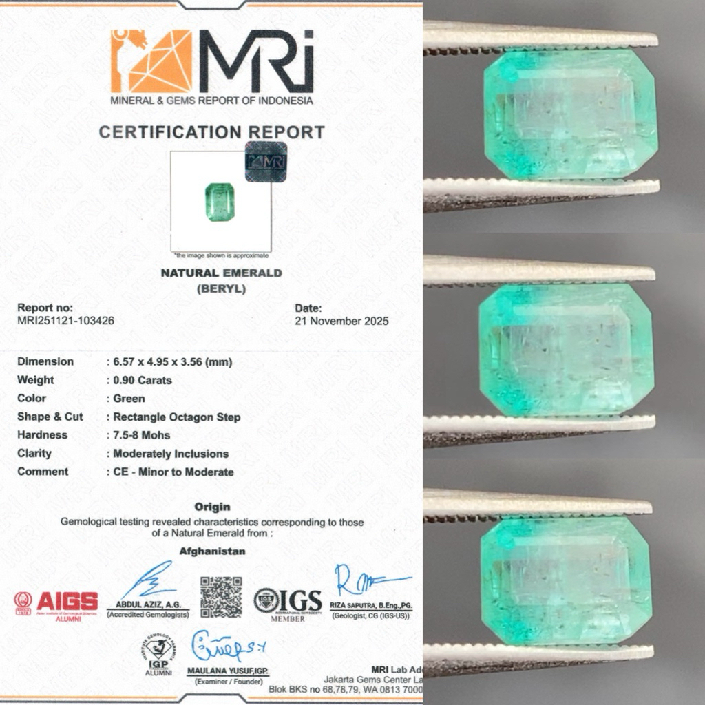 0,90 cts Natural Bi-Color Panjshir Emerald Beryl (Zamrud) origin Afghanistan Sertifikat MRI