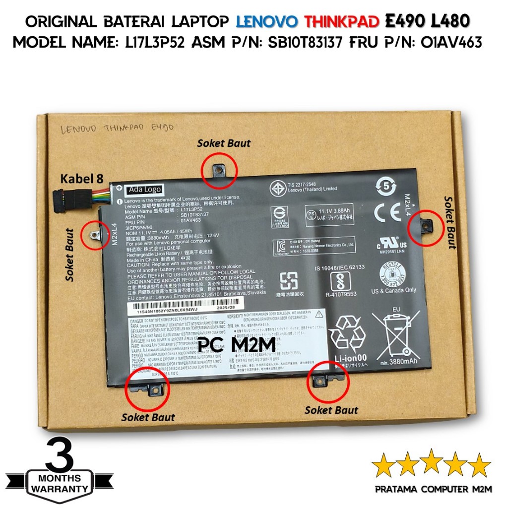 ORIGINAL Baterai Laptop LENOVO THINKPAD L14 E490 L480 L490 L17L3P52 SB10T83137 O1AV463