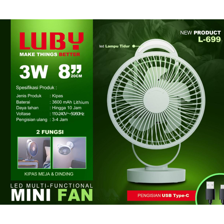 LUBY L-699 Kipas Angin Meja 8Inch 3 Kecepatan Mini Fan LED Multi-Functional AC/DC