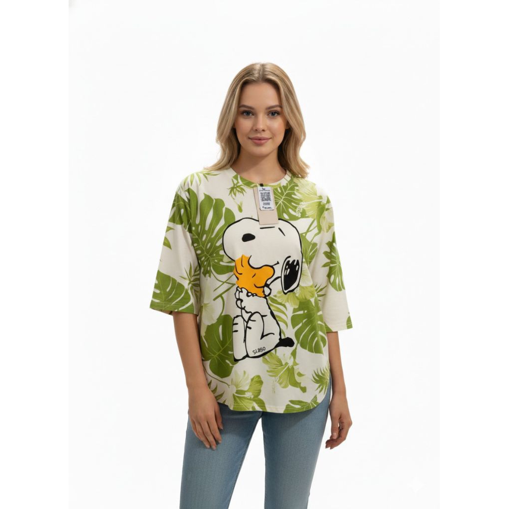 CHLstore Kaos Hoodie  Lengan Panjang Wanita Motif Daun Tropis Hijau Putih