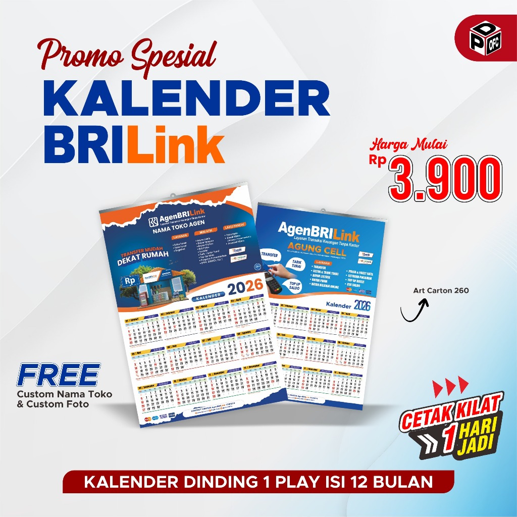 KALENDER 2026 CUSTOM | KALENDER DINDING BriLink, AGEN BRI