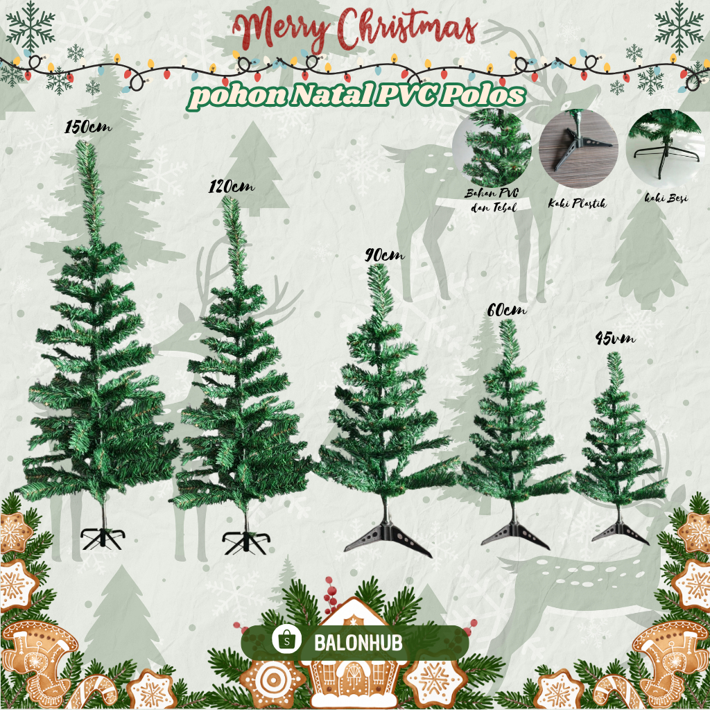 Pohon Natal PVC Ukuran 45cm 60cm 90cm 120cm 150cm | Pohon Natal Plastik | Pohon Natal Mini | Portabl