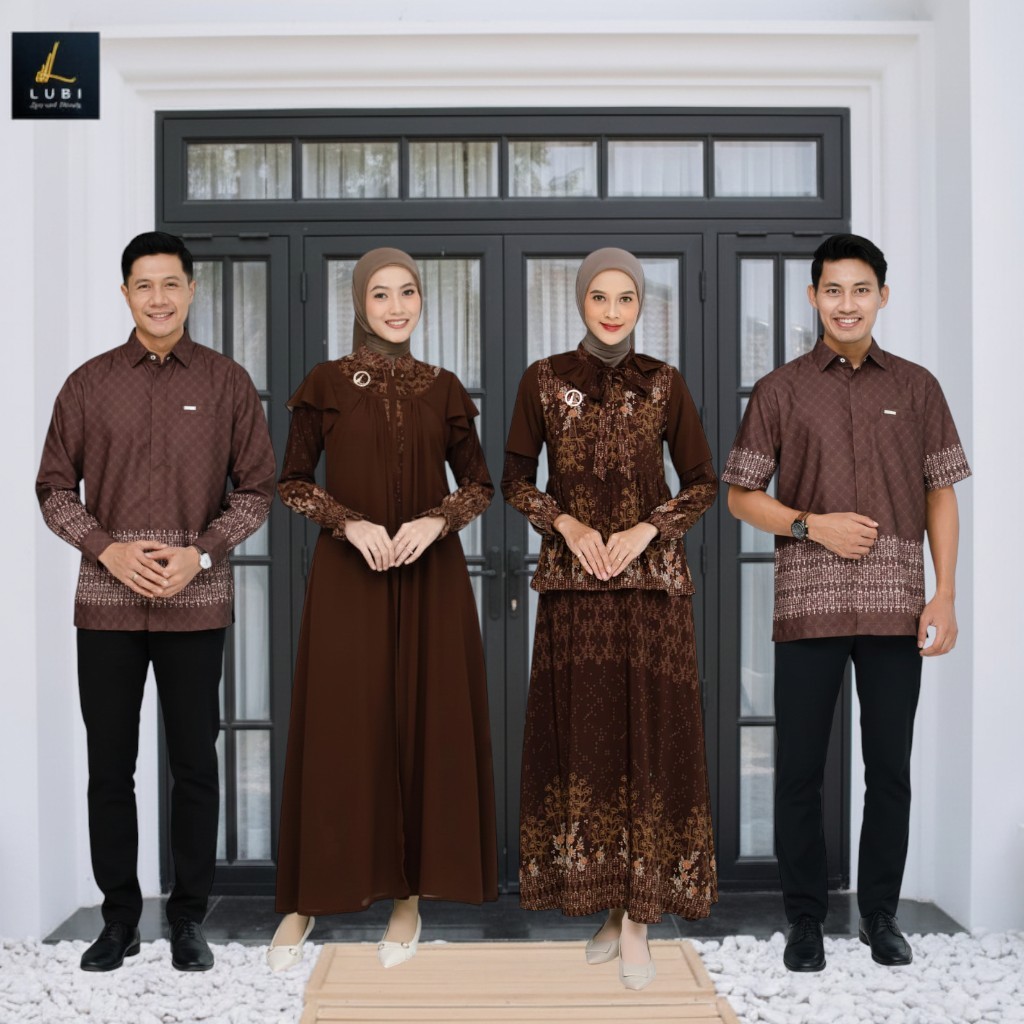 SET COUPLE KELUARGA BATIK MODERN FRESSIA DEEP MAHOGANY BY LUBI FASHION WARNA COKELAT ELEGAN PREMIUM 