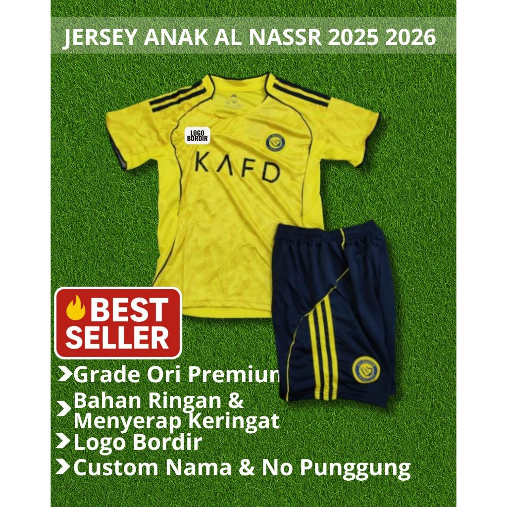 Setelan Jersey Bola Anak AL.Nassr Home 2025 2026 Grade Ori Import Baju Bola Anak Al Nassr Home