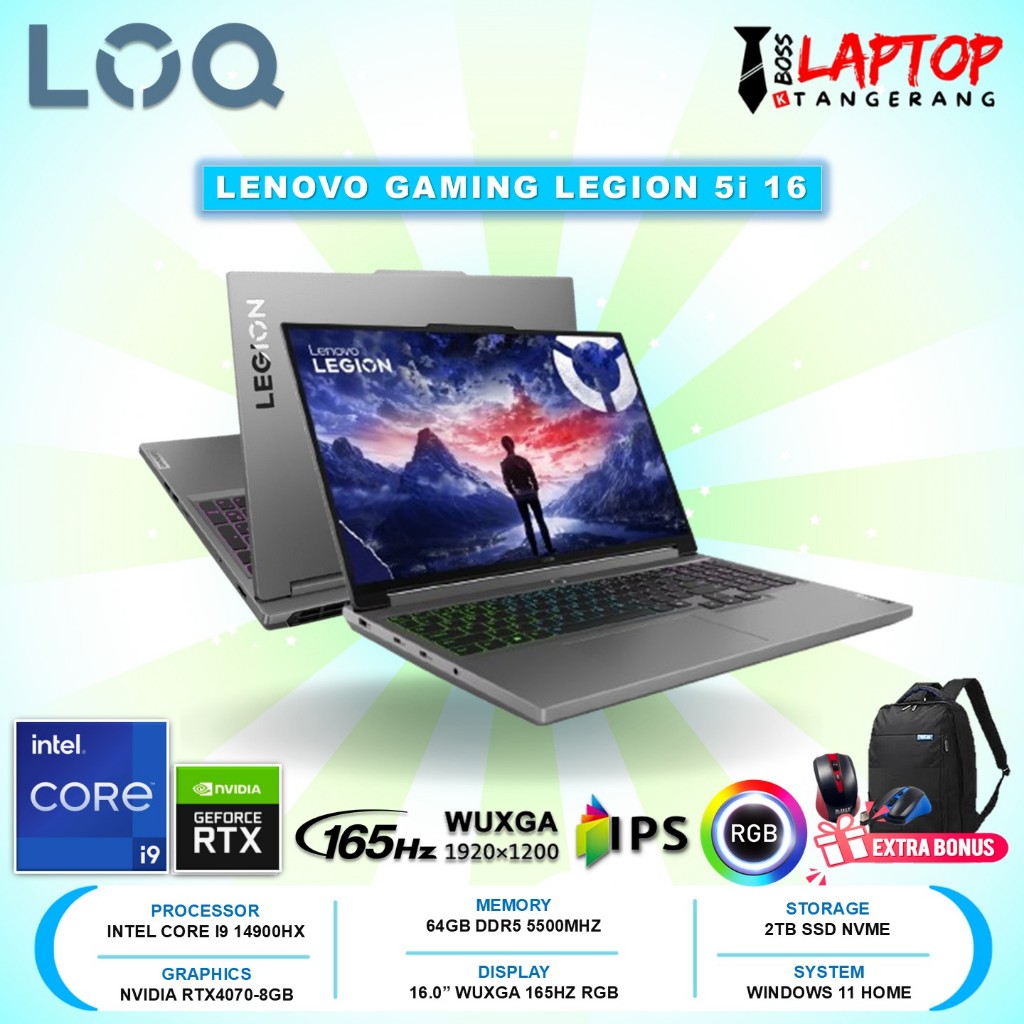Laptop Gaming Lenovo legion 5i 16 Intel Core i9 14900HX 64GB 2TB RTX4070-8GB WUXGA IPS 165HZ Win11