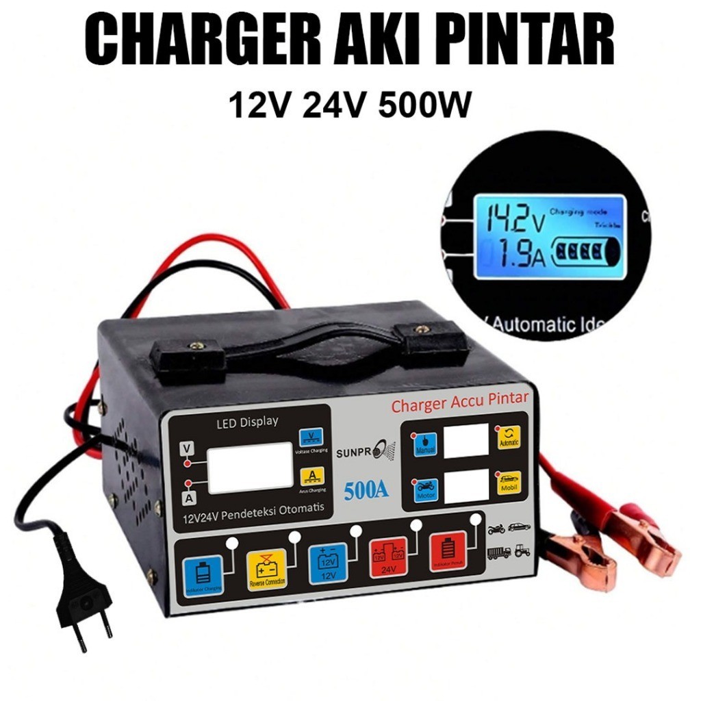 Charger Aki Otomatis Mobil Pengisi daya Alat Cas Aki Mobil/Cas Aki Motor Dan Mobil