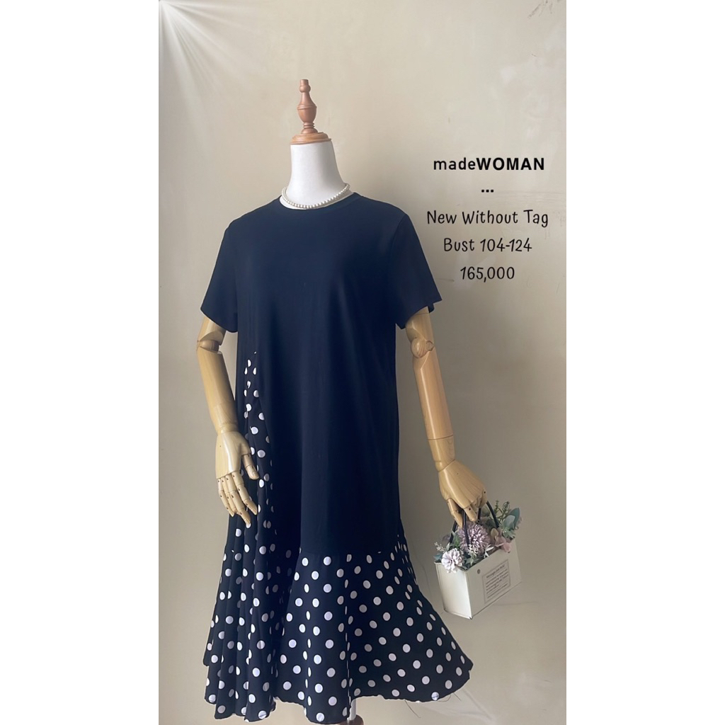 Midi dress kaos hitam polos mix polkadot putih premium baru new jual rugi murah lucu lengan pendek r