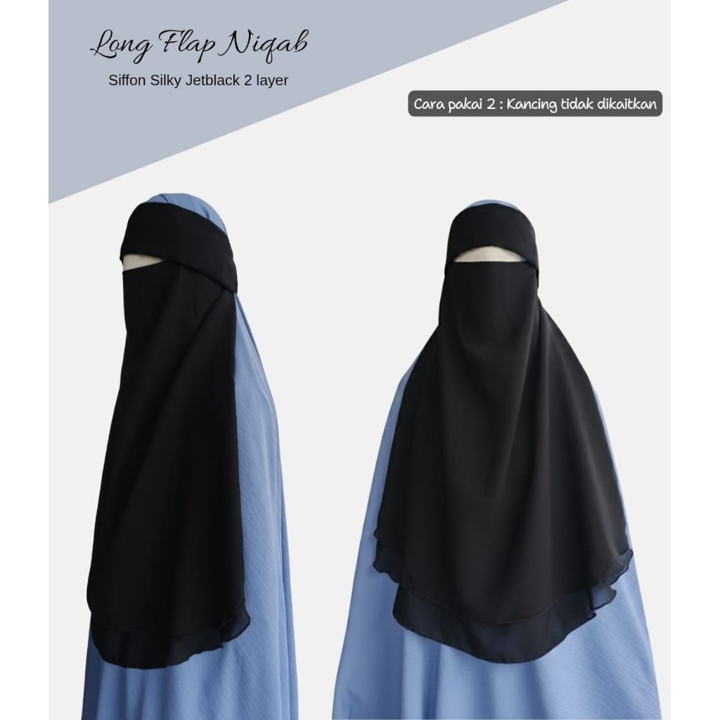 Long Flap Niqob / cadar bandana poni panjang suffon silky jetblack