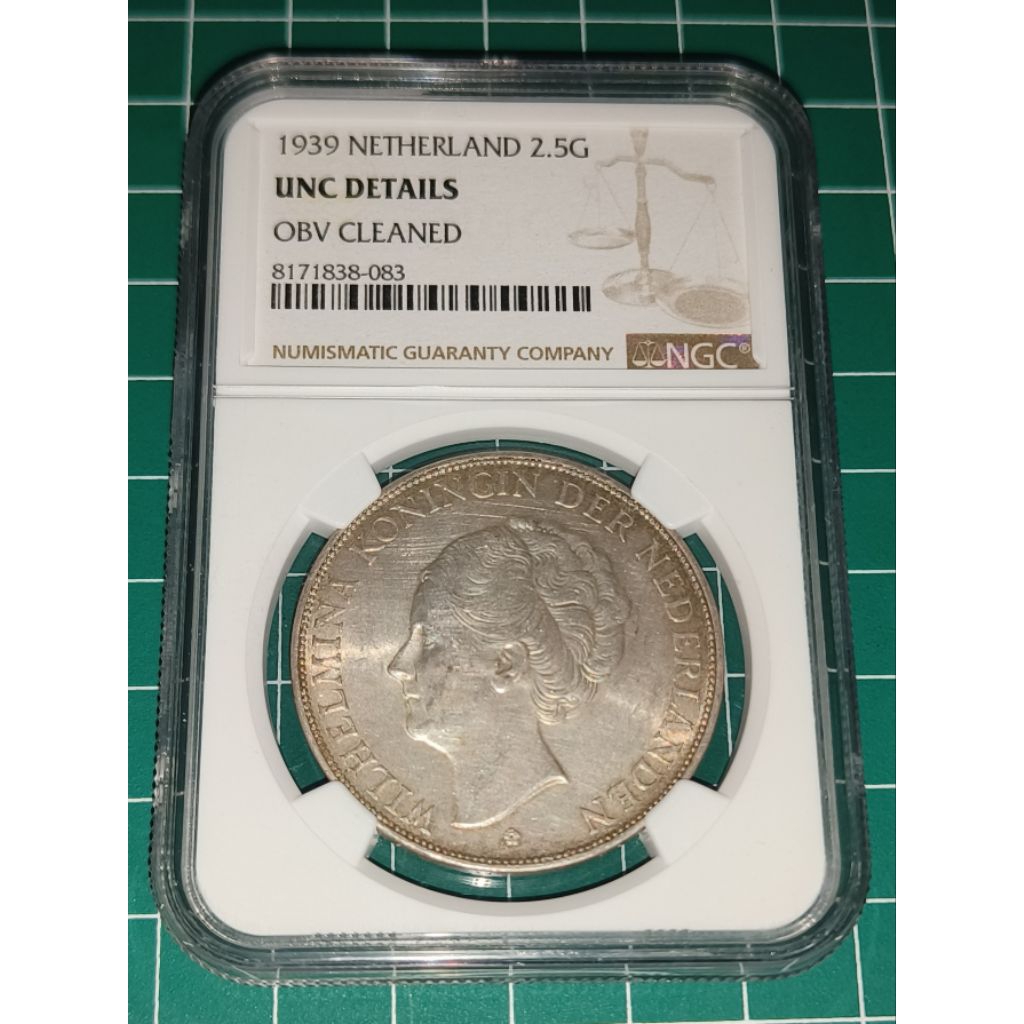 NGC WILHELMINA 2,5 GULDEN 1939 NGC UNC DETAILS OBV CLEANED 8171838083