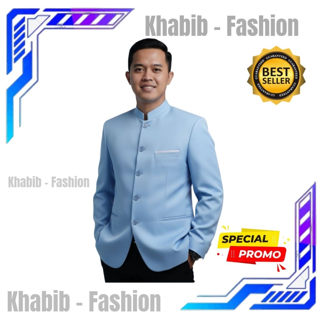JAS KOKO JASKO MANDARIN PRIA WARNA BIRU LANGIT LIST SAKU PUTIH