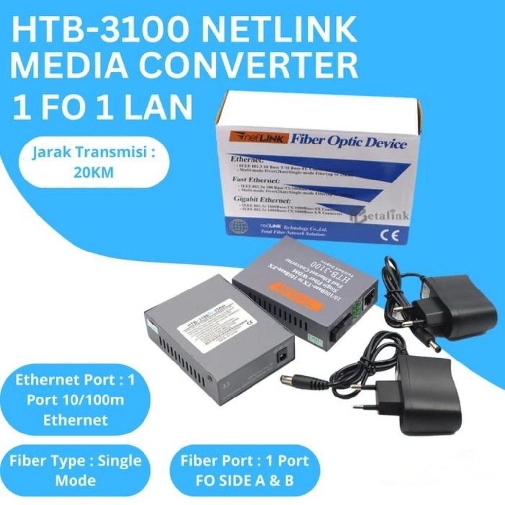 HTB-3100 Media Converter Fiber Optic 25KM 10/100Mbps Netlink HTB 3100 Singlemode - 1 SET A + B