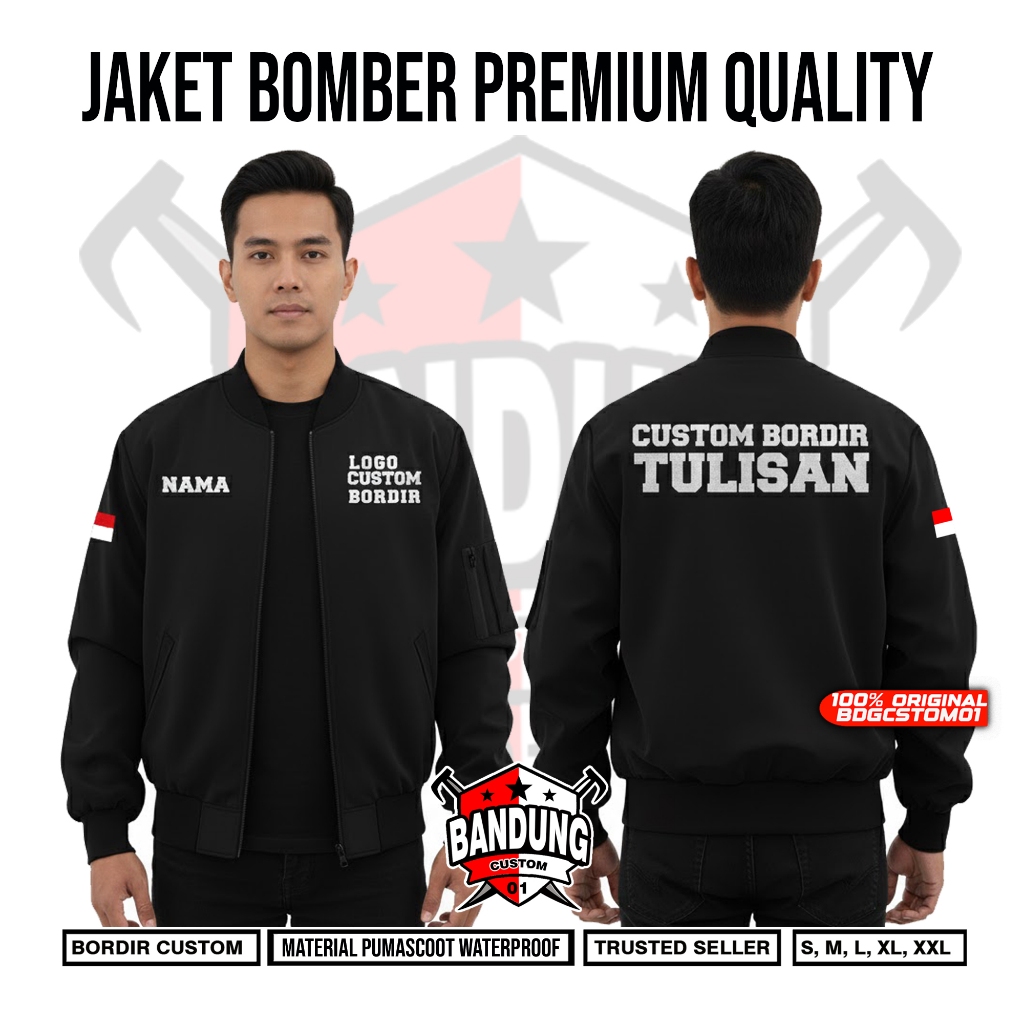 Jaket Bomber Premium Waterproof Bordir Custom Logo Desain Sendiri Satuan & Glosir