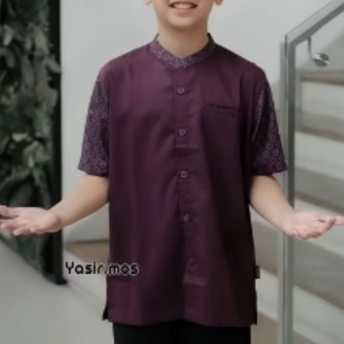 Baju Koko Muslim Kemko Anak Laki-laki Lengan Pendek Motif Kombinasi Polos Batik Kerah Shanghai Kain 