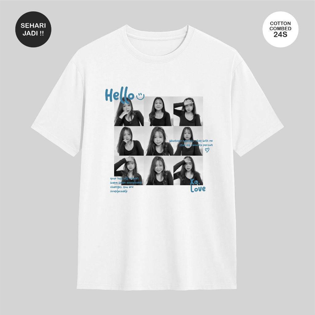 [BISA REQUEST FOTO] Kaos Distro Custom Desain Foto Hello :) Premium Pasangan Pacar Cotton Combed 24s