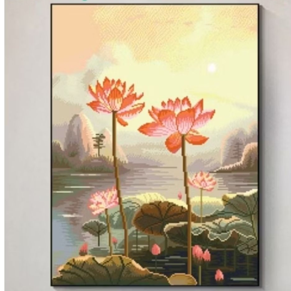 DIY Paket kristik bunga lotus karang cross stitch kit 14ct 11ct pola kain