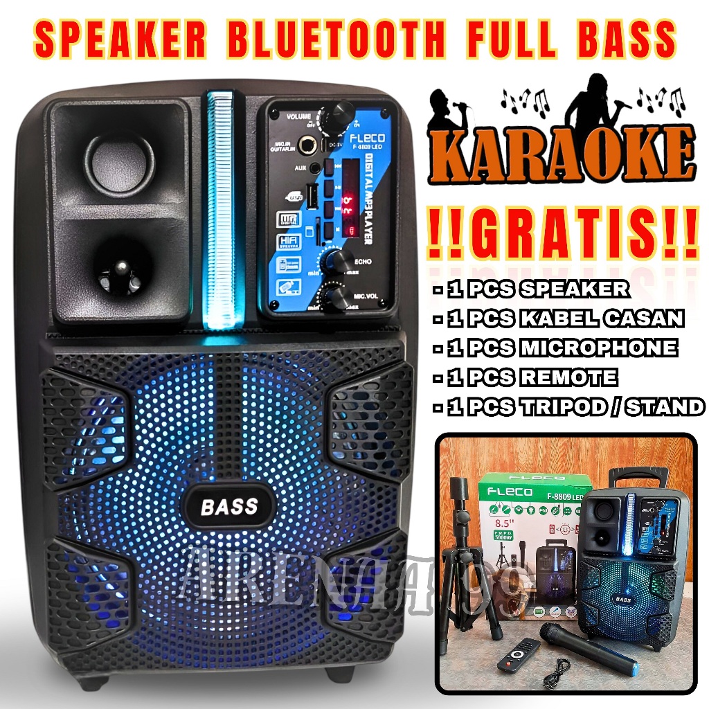 Speaker Bluetooth FLECO F-8809LED Extra Bass | Speaker 8.5 Inch Bisa Di Sambung Ke Aki Speker Aktif 