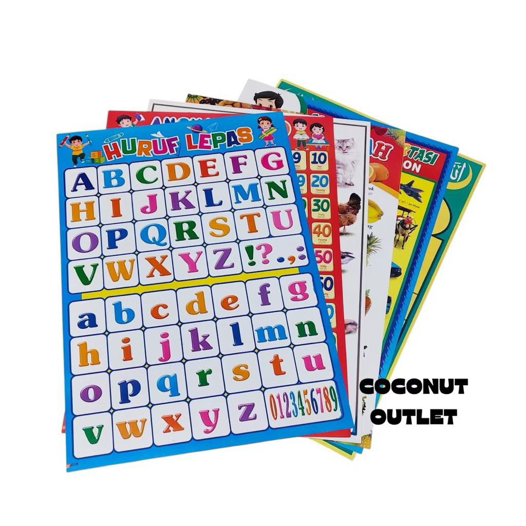 PAKET POSTER EDUKASI ANAK ISI 6. POSTER ABJAD HURUF, POSTER ANGKA, POSTER HURUF HIJAIYAH. POSTER BUA