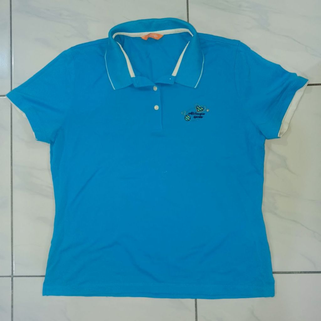 Kaos Kerah Wanita All For You Warna Biru Toska Turquoise Polo Shirt Cewek