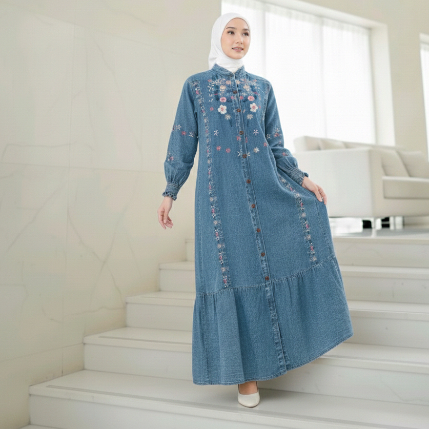 Baju Gamis Dress Jeans Syar i Wanita Terbaru 2025 Kondangan Kekinian Bordir Premium