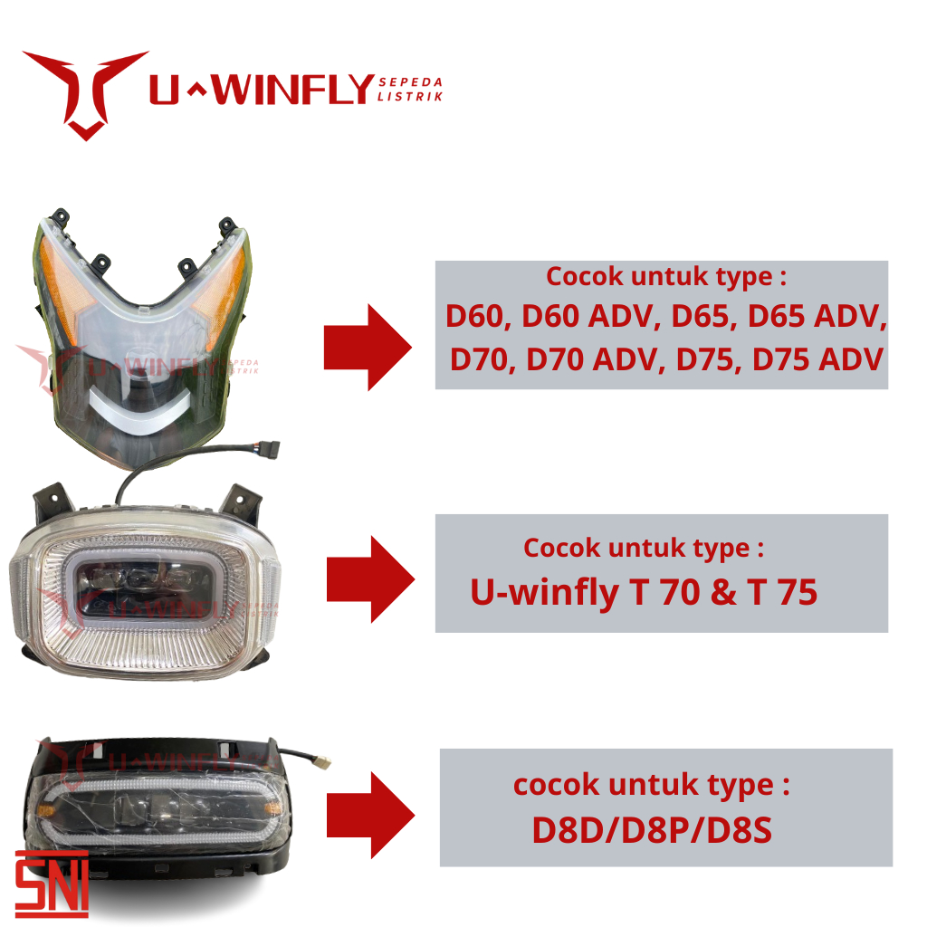 Lampu Depan / Head Lamp Sepeda Listrik UWinfly D60, D70, T70, D8D, D65, D75, D8P, T75, D8S, D60 ADV,