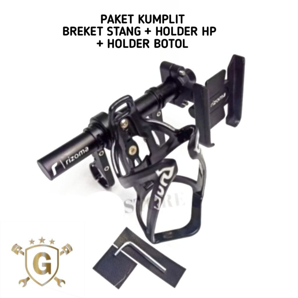 Holder HP Motor Paket Kumplit + Holder Botol + Breket Peninggi Motor Stang Bulat Adv, Pcx, Beat Stre