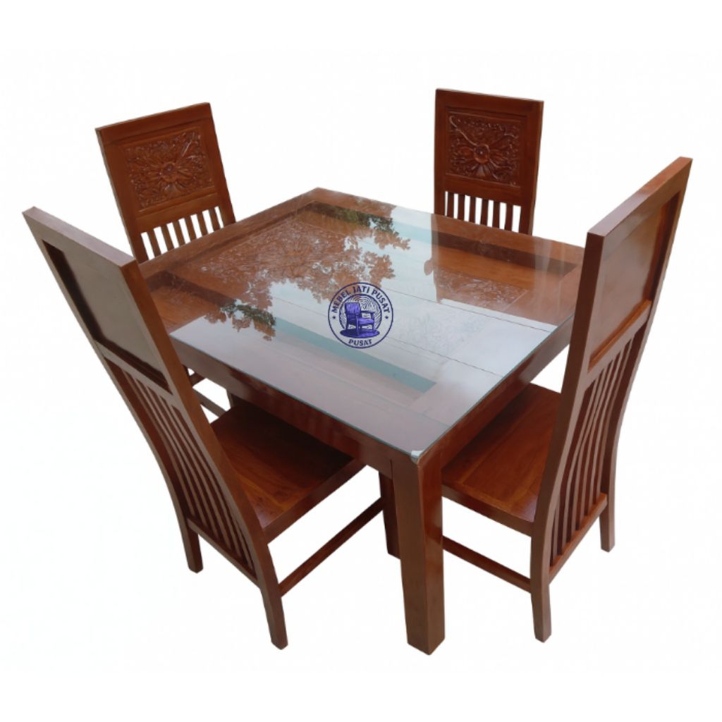 Set Meja Makan Jati 4 Kursi Ukiran Klasik + Kaca Tebal – Furniture Jati Elegan