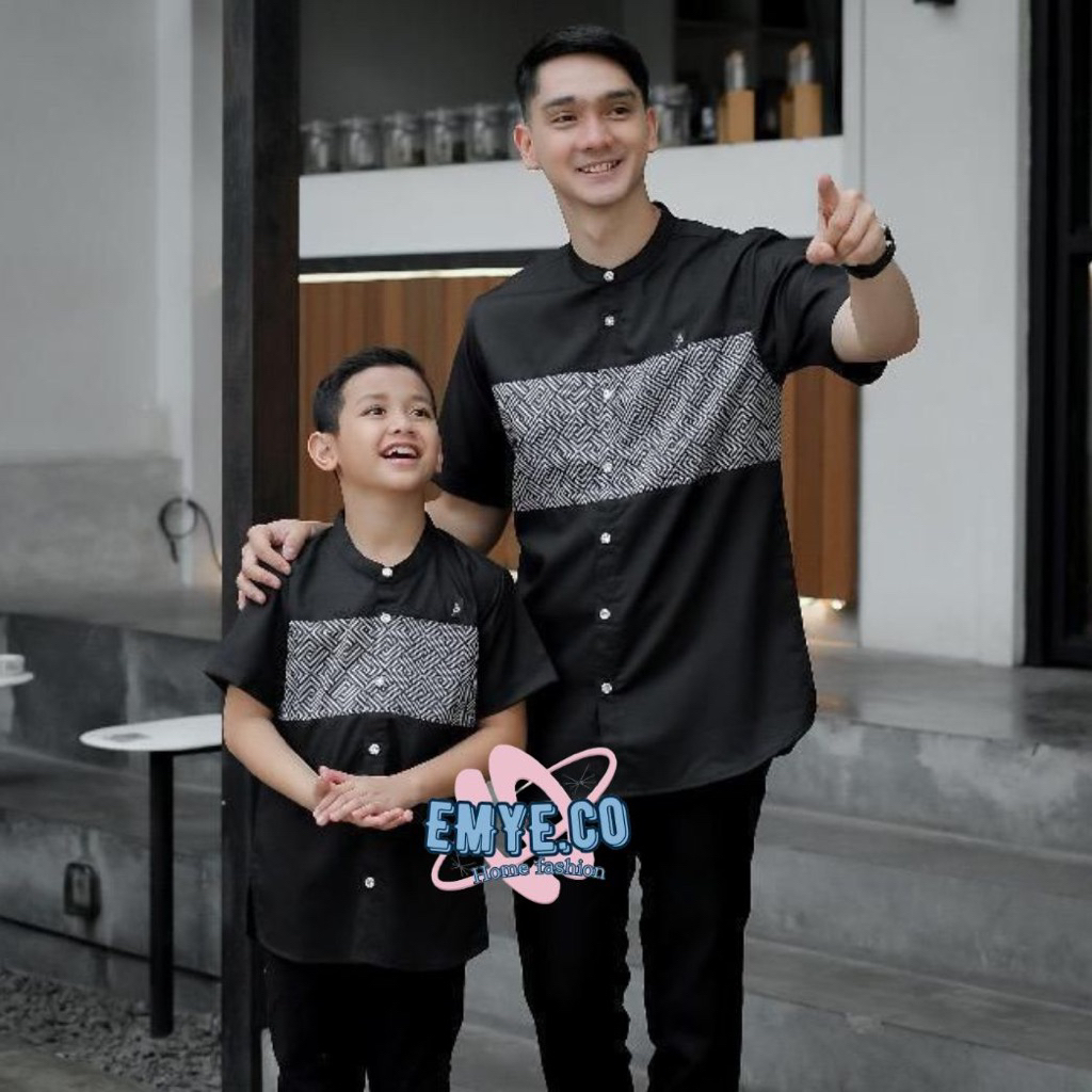 Baju Koko Lengan Pendek Couple Motif Kombinasi Batik Warna Hitam Couple Ayah dan Anak Premium Warna 