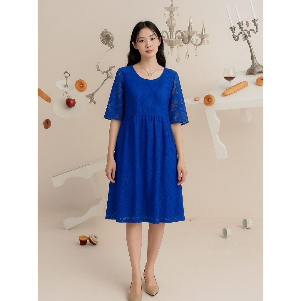 Dress Brokat Wanita Ukuran Standar Dan Jumbo Gaun Pesta Model Midi Anggun Selin Gm