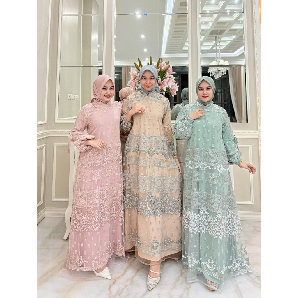 Gamis  Malaysia bahan tille bordir premium mix  armanisilk (model menyatu) Retliting belakang  tanga
