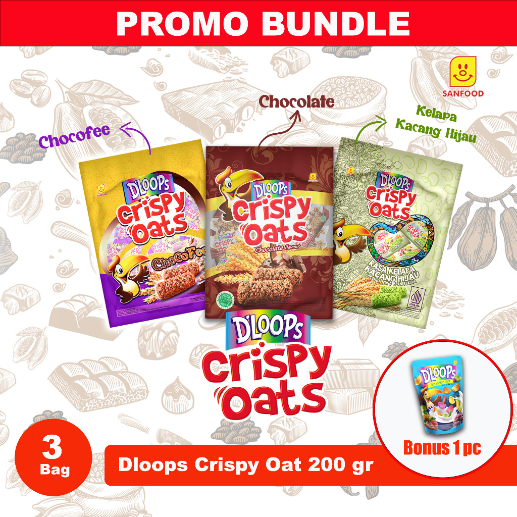 PROMO BUNDLE DLOOPS CRISPY OAT 200GR - BELI 3 BAG FREE 1 POUCH DLOOPS SEREAL