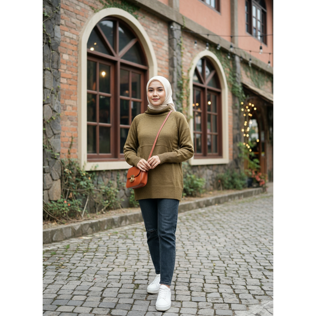 MADHARSHOP Selina Turtleneck Atasan Wanita Bahan Rajut Blouse Knit Lengan Balon Simple Polos