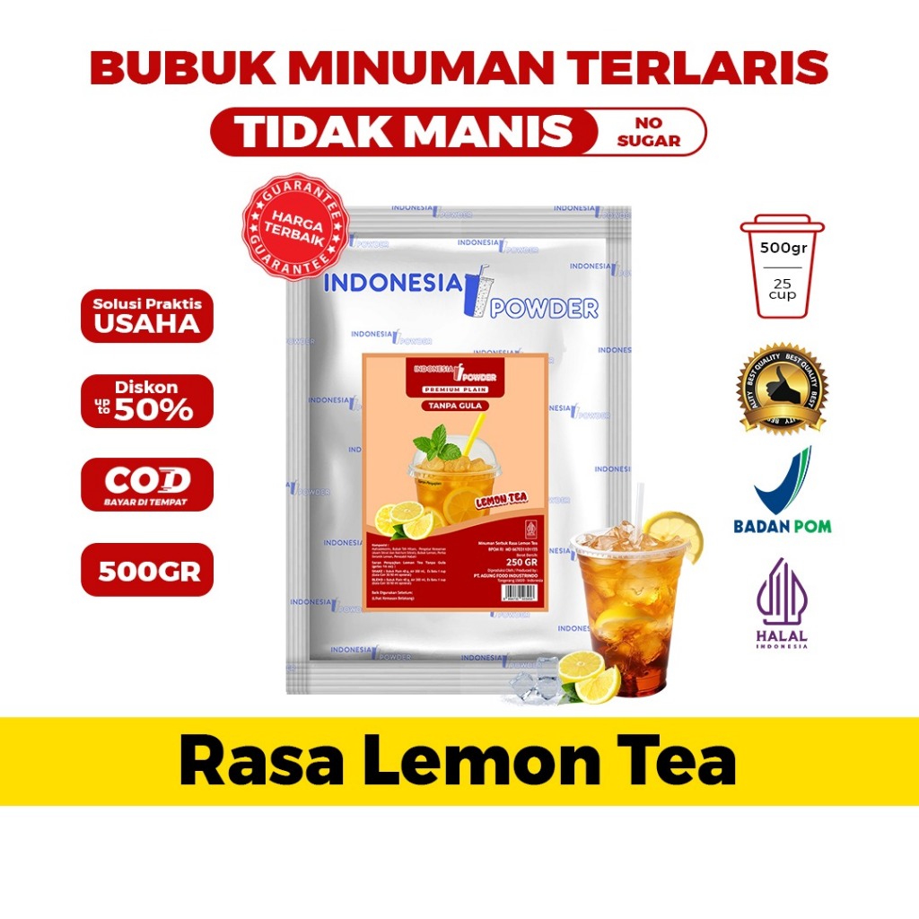 Bubuk Minuman Tanpa Gula Rasa Lemon Tea 500 Gram Halal BPOM IPP Premium Plain Omura Powder