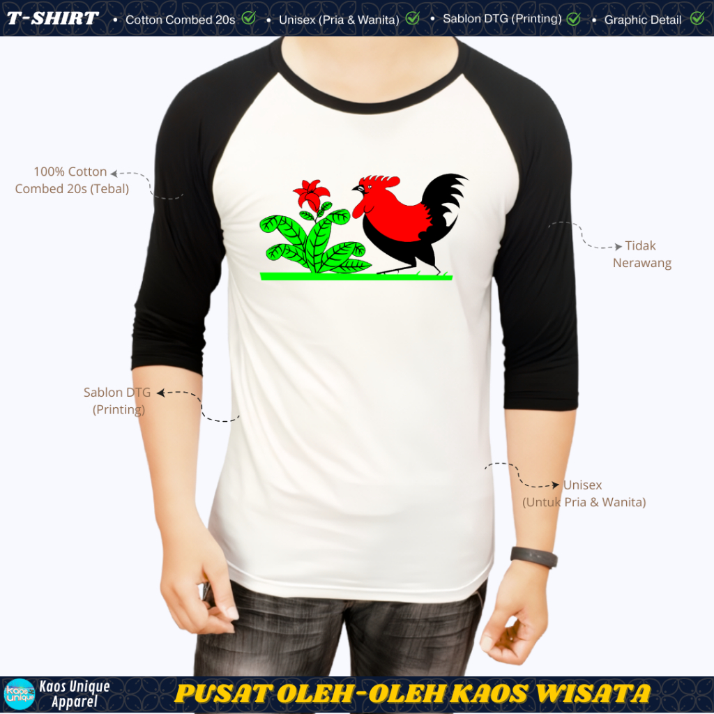 KAOSUNIQUE T-shirt Raglan 3/4 Mangkok Ayam Jago - Unisex Katun Combed 20s Sablon Printing Kaos Wisat