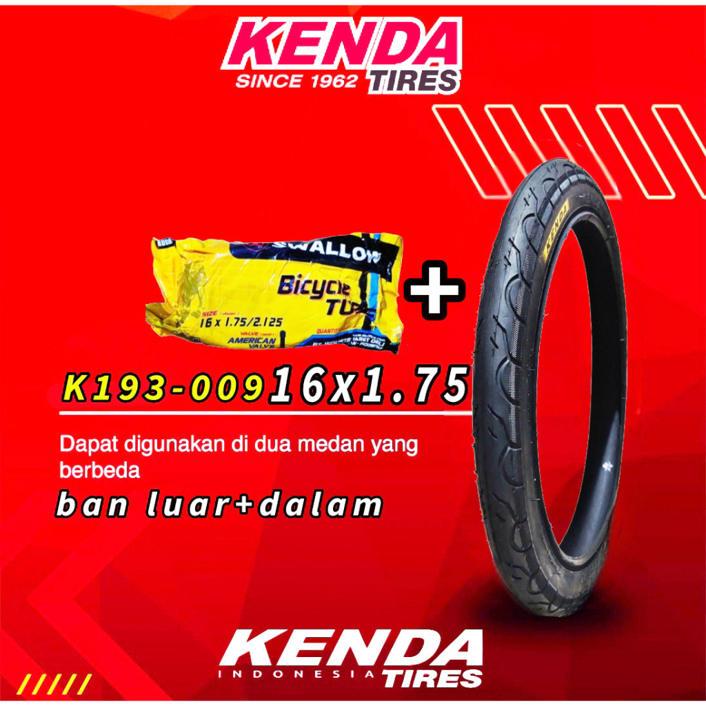 Ban Luar Dalam Sepeda 16x1.75 Kenda Swallow / ban sepeda 16 inch