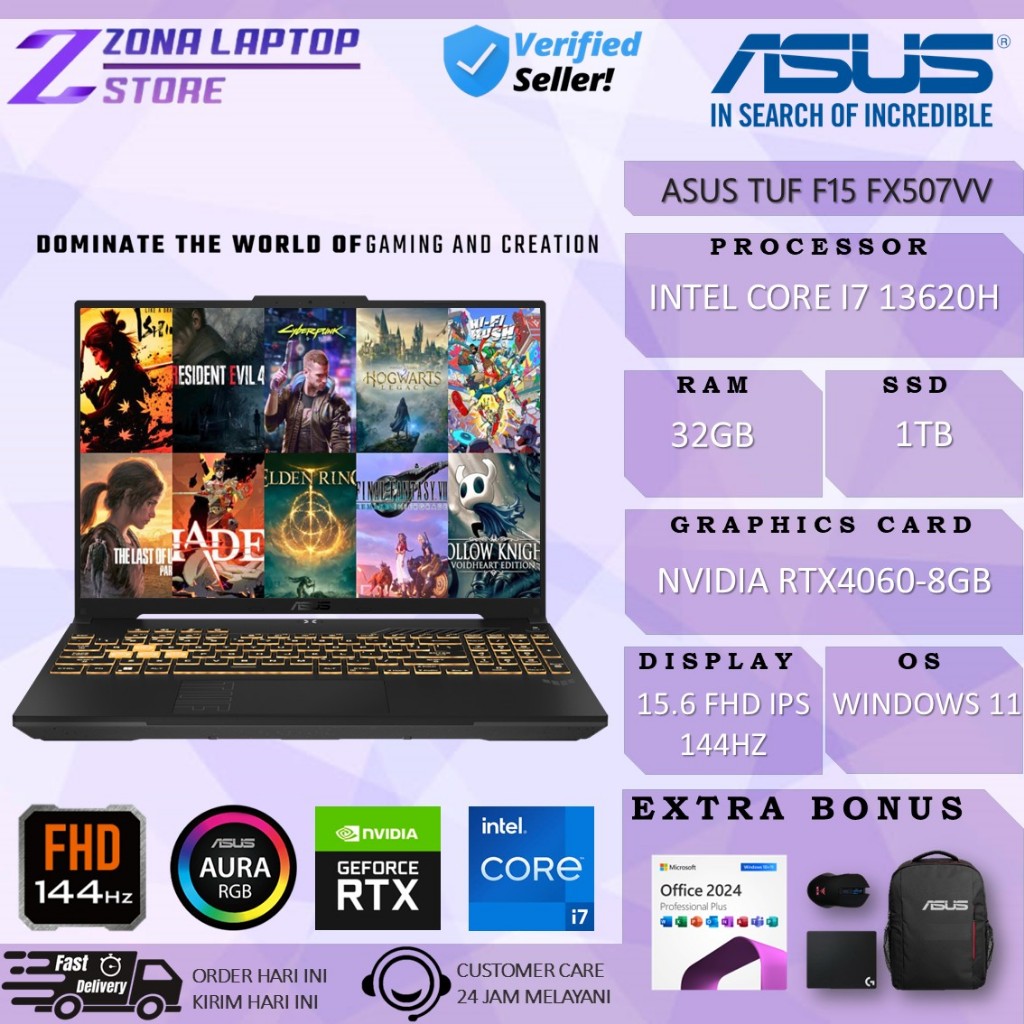 Laptop Gaming Asus TUF F15 FX507VV Intel Core i7 13620H Nvidia RTX4060-8GB Ram 32GB 2TB SSD Wins11