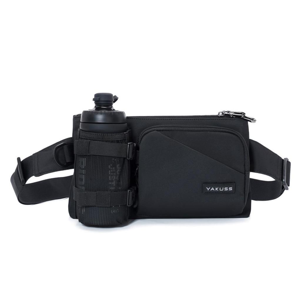 YAKUSS Tas Selempang & Waist Bag Pria Wanita Hitam Sling Bag dengan Holder Botol, Kompartemen Luas,